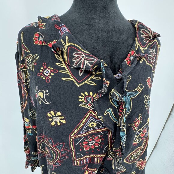 Chicos Silk Artsy Top Womens Size L Novelty Abstract Boho Ruffled Art Button Vtg - Picture 1 of 6